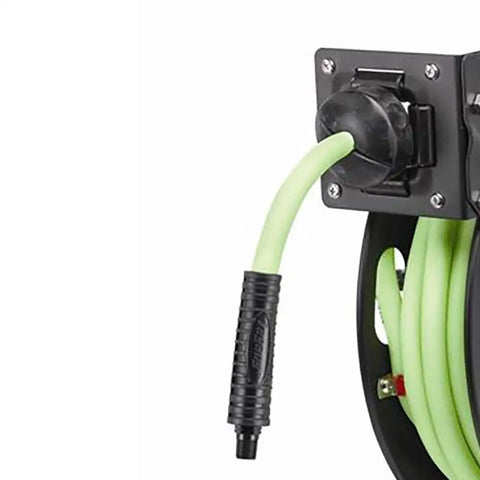 Close-up of Open Face Retractable Air Hose Reel Three Eighths Inch By Twenty Five Foot Pro Grade Heavy Duty Lightweight Hybrid ZillaGreen hose end
