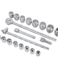 Top Grade 3/4 Inch Drive Impact Socket Set With Ratchet And Breaker Bar Featuring 26 Piece Heavy Duty SAE Deep 6 Point Steel Sockets Plus Extensions For Auto Repair Big Jobs And Industrial Use, sockets and bars laid out
