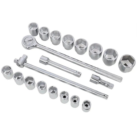 Top Grade 3/4 Inch Drive Impact Socket Set With Ratchet And Breaker Bar Featuring 26 Piece Heavy Duty SAE Deep 6 Point Steel Sockets Plus Extensions For Auto Repair Big Jobs And Industrial Use, sockets and bars laid out