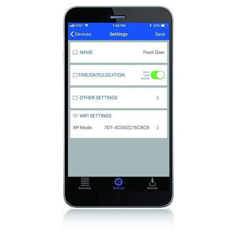 Smartphone displaying Ascend Smart 7 Day Programmable WiFi Timer 120V 15A Remote Access app interface settings