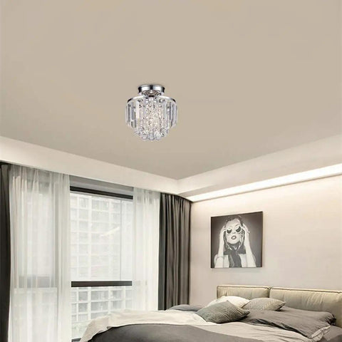 Mini Chrome Crystal Chandelier For Modern Pads, Semi Flush Mount Round Ceiling Light Fixture in minimalist bedroom.