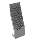 3 Piece Heavy Duty Info Card Storage Rack Doubles As Clock Card Organizer And Time Sheet Holder With Smooth Surface Desktop File Sorter For Offices And Warehouses, vertical gray plastic slots.