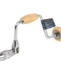 12 Inch Professional Bit Brace With Wooden Knob Handle for precision woodworking and hand tool projects, durable steel frame, close-up view.