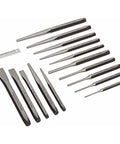 15 Piece Punch And Chisel Set In Plastic Tray With Pin Punches Taper Punches Chisels And Center Punches For Metalworking Auto Repair And Diy Projects Pro Grade For Everyday Use in assorted sizes on a white background.