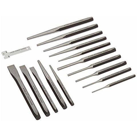 15 Piece Punch And Chisel Set In Plastic Tray With Pin Punches Taper Punches Chisels And Center Punches For Metalworking Auto Repair And Diy Projects Pro Grade For Everyday Use in assorted sizes on a white background.