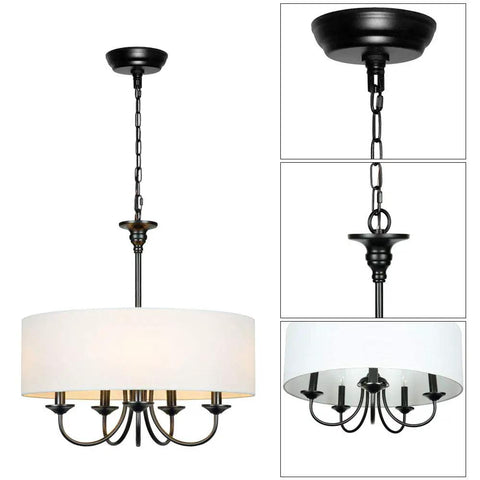 Traditional 5 Light Chrome Drum Chandelier With White Linen Shade For Dining Room, Living Room, Foyer, Modern Pendant Ceiling Light Adjustable Hanging Height