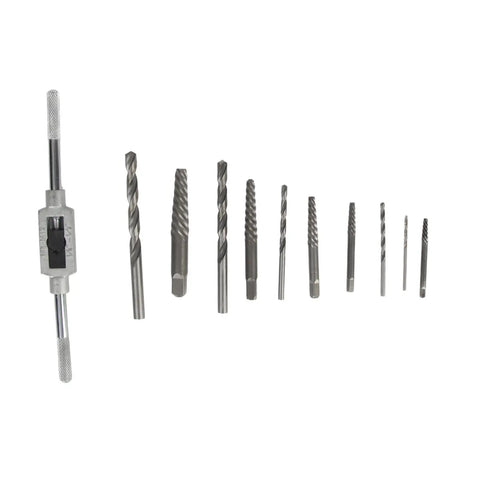Premium 11 Piece Broken Screw Extractor Set With High Speed Steel Drill Bits And Tap Handle To Bust Stripped Rusted Bolts And Fasteners Using Left Hand Spiral Flute Tools For Any Tough Fix It Job, 11-piece kit