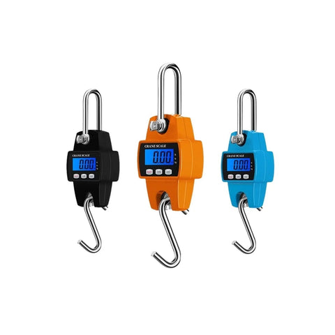 Built Like A Tank Digital Crane Scale With A Slick Backlit Lcd Screen And Solid Stainless Hook, available in black, orange, and blue.