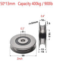 Beefy Heavy Duty Iron And Bearing Steel Deep U Groove Pulley Wheel For Wire Rope Lifting Guide 50mm Outer Diameter 8mm Inner Dia 10mm Groove Width 7.5mm Groove Depth Supports 400kg side and front view