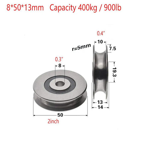 Beefy Heavy Duty Iron And Bearing Steel Deep U Groove Pulley Wheel For Wire Rope Lifting Guide 50mm Outer Diameter 8mm Inner Dia 10mm Groove Width 7.5mm Groove Depth Supports 400kg side and front view
