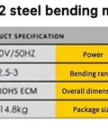 Product specifications for HRB-22 Electric Hydraulic Rebar Cutter And Bender for steel bars, including dimensions and power details.