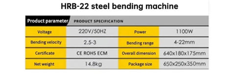 Product specifications for HRB-22 Electric Hydraulic Rebar Cutter And Bender for steel bars, including dimensions and power details.