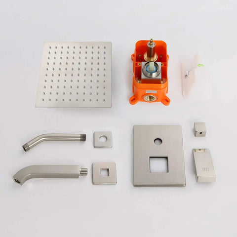 Components of Slick Brushed Nickel Shower Faucet With Tub Spout Rainfall System Wall Mount Set With Shower Head And Handle Tub Trim Kit With Rough In Valve