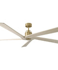 Top Tier 70 Inch Ceiling Fan Powered By Whisper Quiet DC Motor, Handy Remote, 6 Speed Settings, Reverse Airflow, Dimmable Light, Damp Rated Build, Burnished Brass Trim And White Oak Blades For Absolute Living Room Vibe Upgrade view from below showcasing sleek design and white oak blades.