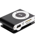 Clip On MP3 Player With USB Cable And Earphones Ultra Lightweight Portable Music Player For Running And Hiking Screenless Mini MP3 Player For Sports Black showing USB and Micro SD slots in close up view.