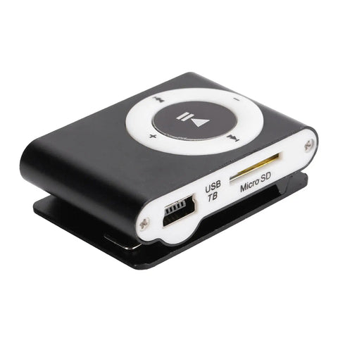 Clip On MP3 Player With USB Cable And Earphones Ultra Lightweight Portable Music Player For Running And Hiking Screenless Mini MP3 Player For Sports Black showing USB and Micro SD slots in close up view.