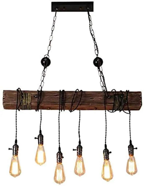 Rustic Farmhouse Chandelier For Dining Room Industrial Pendant Light With Six E26 Bulb Sockets Adjustable Suspension Hanging Fixture With Switches Vintage Warm Glow featuring metal and wood blend.