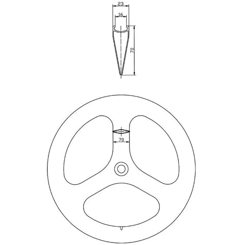 Technical drawing of Tri-Spoke Carbon Front Wheel for Fixed Gear Bikes, 700C, 23mm Width, Lightweight 940g, Clincher Rim with 3K Glossy Finish, Toray T700 Carbon Fiber, EN Quality Certified.