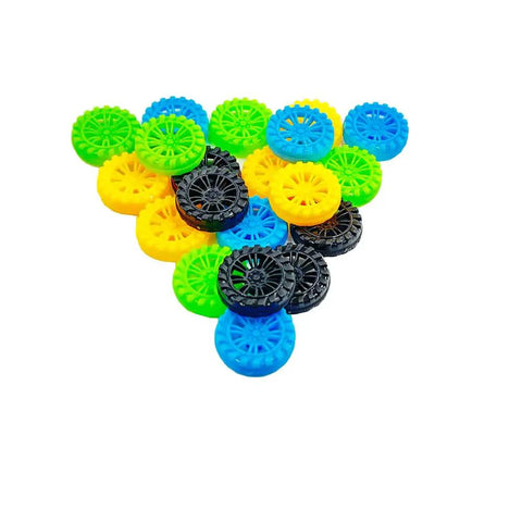 Colorful 20 Piece Plastic Toy Car Wheels Set With 2mm Shafts For RC Cars Trucks And Robots DIY Model Building Projects on white background