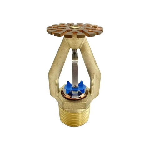 Heavy Duty UL FM Approved Upright Fire Sprinkler With Sleek Glass Bulb Trigger built like a tank, showing solid brass and blue trigger.