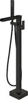 Oil Rubbed Bronze Waterfall Freestanding Bathtub Faucet With Floor Mount Tub Filler Single Handle Brass Tap Hand Shower 360 Degree Swivel Spout Dope Solid Brass Construction Modern Minimalist Style