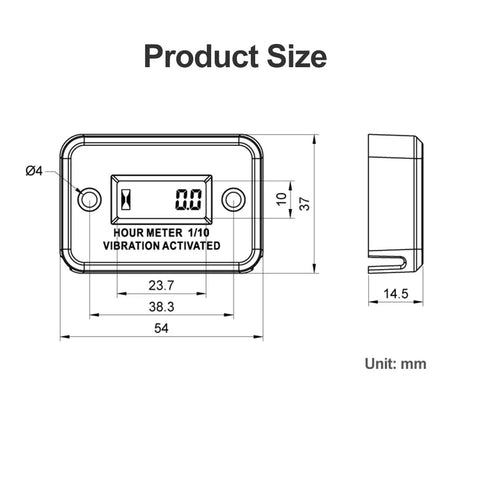 Vibration Activated Hour Meter For Gas And Diesel Engines Generators Lawn Mowers And More With Digital LCD Display No Wiring Needed Plug And Play Activation For Quick Setup And Accurate Run Time Tracking, product size diagram 54 x 37 mm, 14.5 mm side view