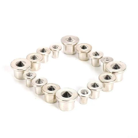 Pro Grade Dowel Centers And Tenon Center Points Set For Solid Steel Dowel Pins, Chrome Plated Drill Alignment Pins arranged in circle