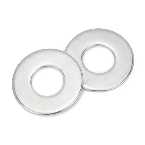 304 Stainless Steel Flat Washers Set 200 Pieces M1.6 To M30 Machine Screw Gaskets For Fasteners That Spread Load And Keep Clamps Tight, Rust Resistant, Ideal For Home, Workshop, Auto And DIY Projects. Two flat washers on white background