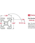 15 Series 1.5 Inch By 1.5 Inch T Slotted Aluminum Extrusion For DIY Projects, Ultra Light 6063 T6 Aluminum With Clear Anodized Finish, Four Open T Slots, Great For Linear Rails, Track Saw Guides, And Custom Motion, 72 Inch Long, cross-section diagram