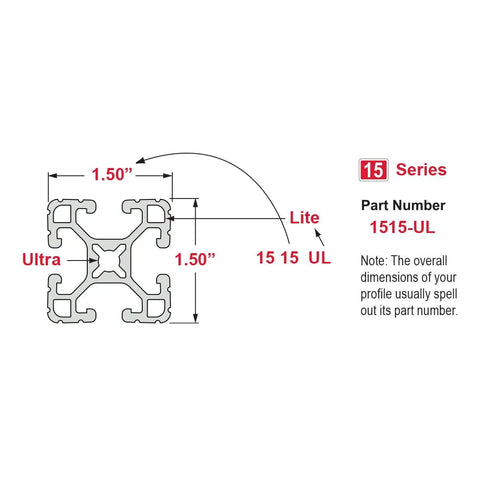 15 Series 1.5 Inch By 1.5 Inch T Slotted Aluminum Extrusion For DIY Projects, Ultra Light 6063 T6 Aluminum With Clear Anodized Finish, Four Open T Slots, Great For Linear Rails, Track Saw Guides, And Custom Motion, 72 Inch Long, cross-section diagram