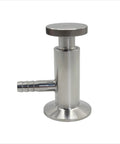 Front view of Geife sanitary stainless steel 1.5 in tri-clamp sample tap valve with EPDM seal and 1/2 in barb outlet