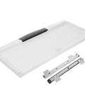 Heavy Duty Sliding Keyboard Tray With Built In Pen Slot And Slick Silver Glide Rails For No Sweat Under Desk Organization and Your Best Ever Office Setup Upgrade with black handle.