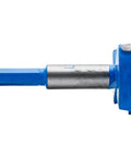 Side view of Forstner drill bit, 50mm diameter, blue metal body for woodworking