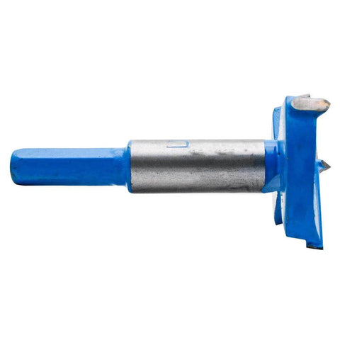 Side view of Forstner drill bit, 50mm diameter, blue metal body for woodworking