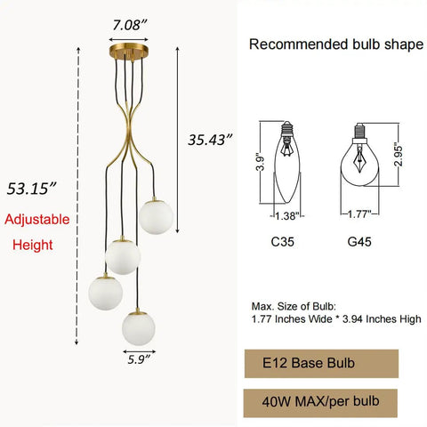 Dope Mid Century Modern Pendant Lighting Four Light Globe Chandeliers With White Opal Glass Shades And Brass Finish For Living Room Dining Area Kitchen Island, showing adjustable height and bulb specifications