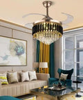 TTbhfui 42 Inch 3-Color Invisible Crystal LED Ceiling Fan Light with Remote hanging in a modern living room with stylish decor.