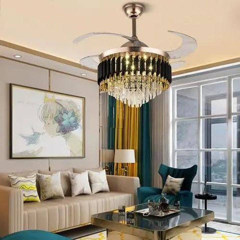 TTbhfui 42 Inch 3-Color Invisible Crystal LED Ceiling Fan Light with Remote hanging in a modern living room with stylish decor.
