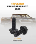 Upgrade Your Rig With These Badass Truck Bed Mounting Bolts M12 X 55MM Zinc Plated Steel For Chevy Silverado GMC Sierra Colorado Canyon Models 1999 To 2019 Eight Piece Heavy Duty Kit with two black truck bed bolts.
