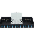 Snap On 24 Fiber Rack Mount Optical Distribution Enclosure Box With LC UPC Adapters For OS2 Single Mode Cables top view showing internal splice tray.
