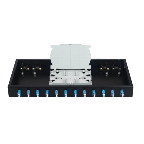 Snap On 24 Fiber Rack Mount Optical Distribution Enclosure Box With LC UPC Adapters For OS2 Single Mode Cables top view showing internal splice tray.
