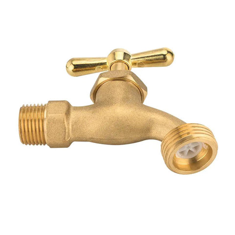Heavy Duty Solid Brass Outdoor Garden Hose Faucet Featuring Half Inch Male Npt To Three Quarter Inch Mht Connection Smooth Multi Turn Shut Off Valve, detailed view of faucet with valve.