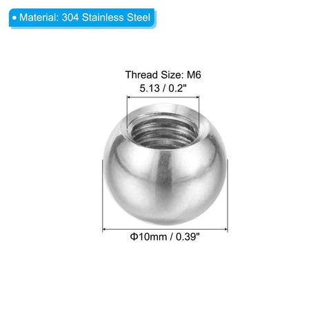 Close-up of single 8 Pack M6x10mm Ball Nuts Knob Set, 304 Stainless Steel, Round Blind Hole Screw Cap Covers, silver, with dimensions shown.