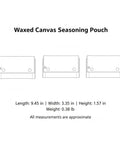 Illustration of waxed canvas seasoning pouch with dimensions for Roll Style Spice Organizer For Camping And Travel Kitchens Portable.