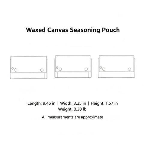 Illustration of waxed canvas seasoning pouch with dimensions for Roll Style Spice Organizer For Camping And Travel Kitchens Portable.