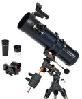 Starter Friendly 130mm Newtonian Reflector Telescope With Manual Equatorial Mount Adjustable Tripod Sharp Optics Includes Essential Accessories And Astronomy Software Package For Easy Night Sky Exploration shown with included eyepieces and finder scope attachment.