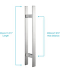 12 Inch Solid Stainless Steel Push Pull Door Handle For Barn And Glass Doors Heavy Duty Commercial Grade Brushed Finish With 304 Stainless Steel Standoffs And 4.6mm Deep Engagement, front view with dimensions
