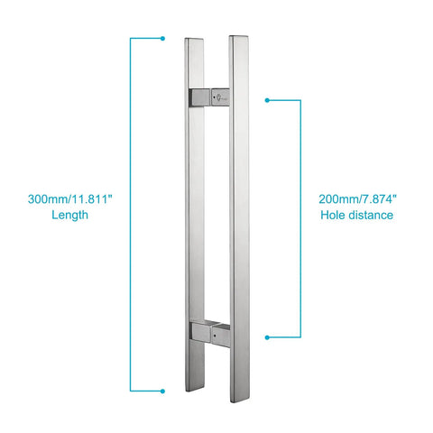 12 Inch Solid Stainless Steel Push Pull Door Handle For Barn And Glass Doors Heavy Duty Commercial Grade Brushed Finish With 304 Stainless Steel Standoffs And 4.6mm Deep Engagement, front view with dimensions