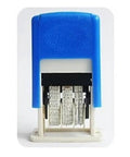 Self Inking Date Stamp With Auto Ink Return And Pre Set Calendar Wheel For Fast Daily Office Use Slick Mini Design in blue with visible date rollers.