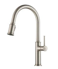 Single Handle Pull-Down Kitchen Faucet With Spot Free Stainless Steel Finish, side view of flexible hose and sprayer, Model KPF-1680SFS