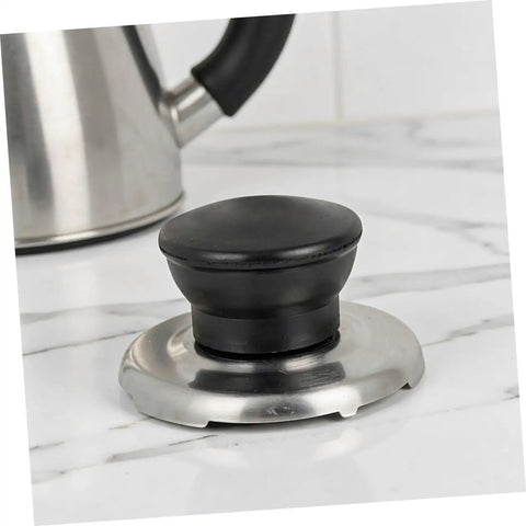 Upgrade Your Whistling Kettle With This Stainless Steel Knob Replacement Kit That Offers An Easy Install, Comfortable Grip, And Durable Build To Protect Your Lid Handle While Keeping Kitchen Swag Super Fresh. Black knob on stainless steel kettle lid replacement kit
